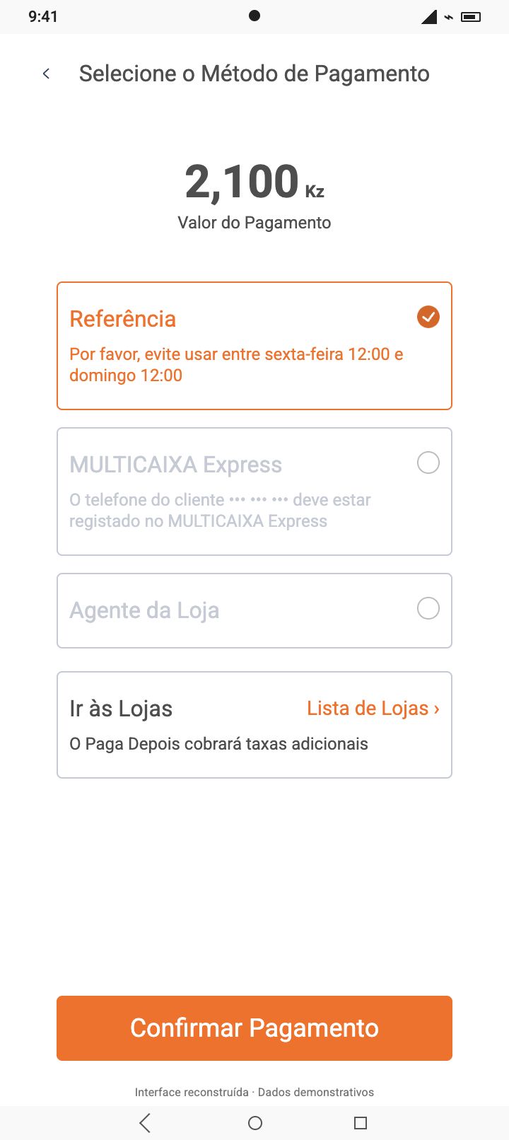 Ecrã ilustrativo da Paga Depois com opções de pagamento e dados de demonstração